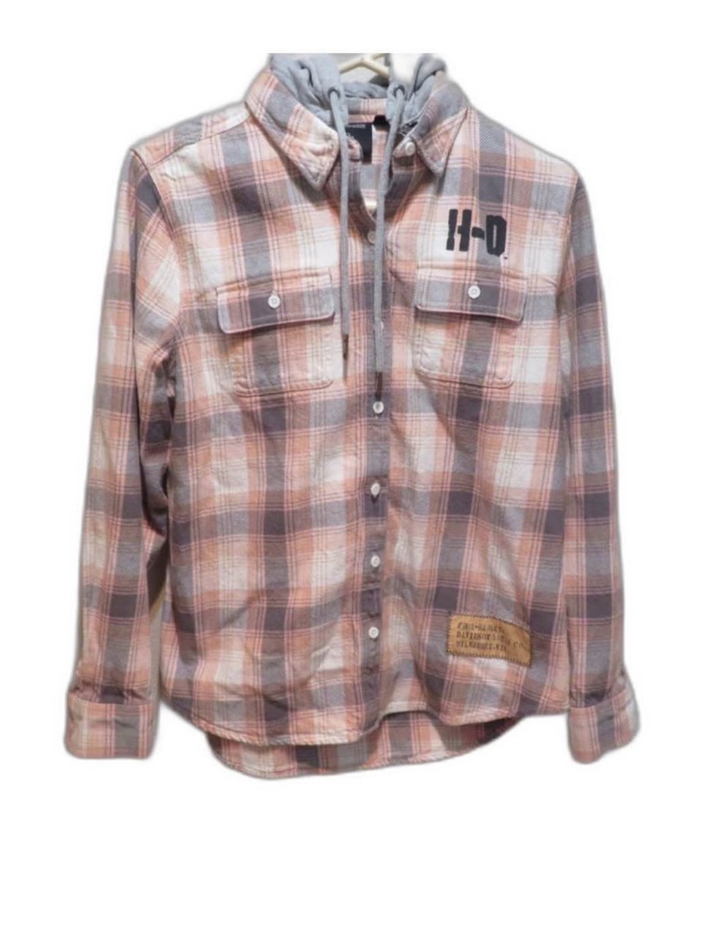 Harley-Davidson Pink Gray Plaid Hooded Flannel Shirt
